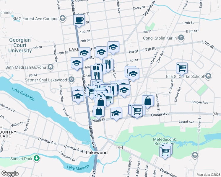 map of restaurants, bars, coffee shops, grocery stores, and more near 231 3rd Street in Lakewood Township