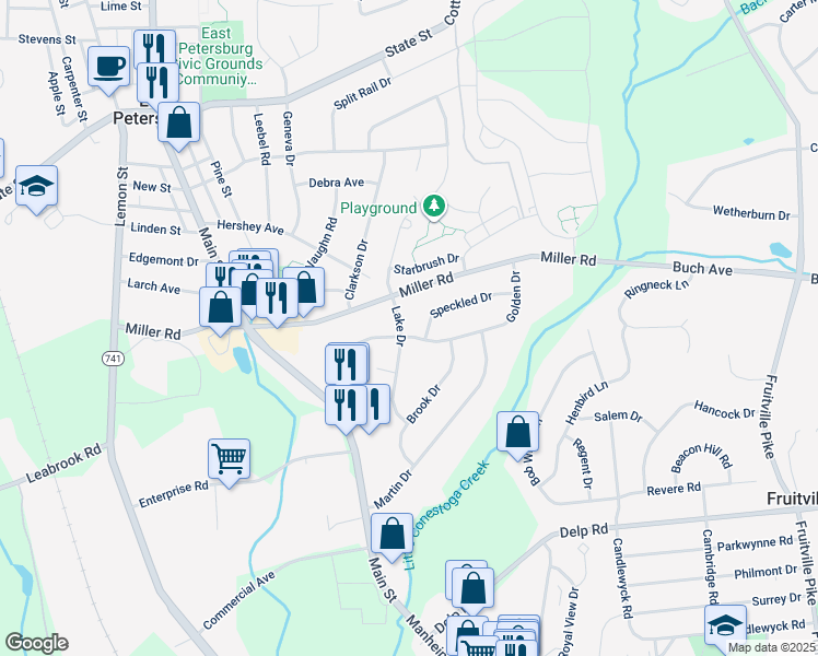 map of restaurants, bars, coffee shops, grocery stores, and more near 2501 Golden Drive in East Petersburg