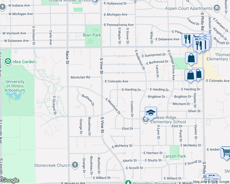 map of restaurants, bars, coffee shops, grocery stores, and more near 2001 South George Huff Drive in Urbana