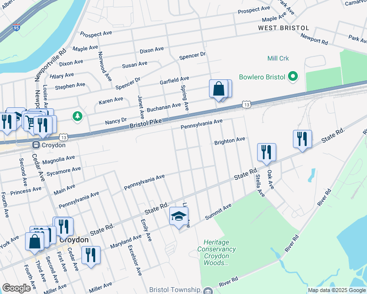 map of restaurants, bars, coffee shops, grocery stores, and more near 311 Grant Avenue in Croydon