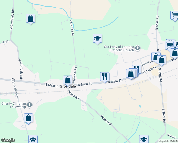 map of restaurants, bars, coffee shops, grocery stores, and more near Water Street in New Holland