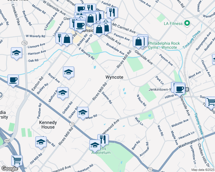 map of restaurants, bars, coffee shops, grocery stores, and more near 6 Deaver Place in Wyncote
