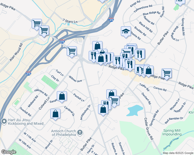 map of restaurants, bars, coffee shops, grocery stores, and more near 205 Sherwood Lane in Conshohocken