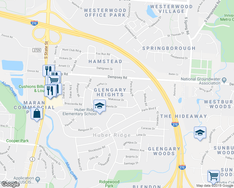 map of restaurants, bars, coffee shops, grocery stores, and more near 3585 Karikal Drive in Westerville