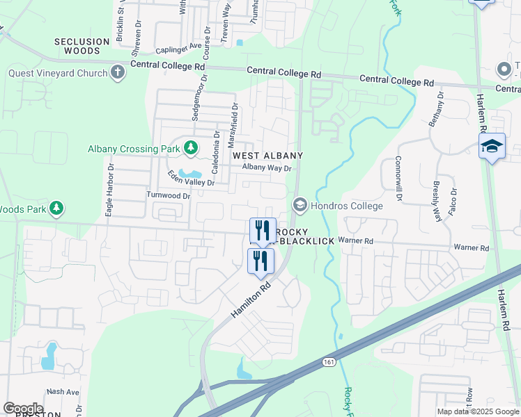 map of restaurants, bars, coffee shops, grocery stores, and more near 5528 Addison Claire Drive East in Westerville