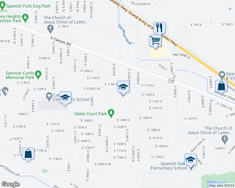map of restaurants, bars, coffee shops, grocery stores, and more near 1246 South 2130 East in Spanish Fork