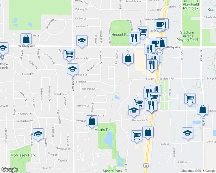 map of restaurants, bars, coffee shops, grocery stores, and more near 607 Breen Drive in Champaign