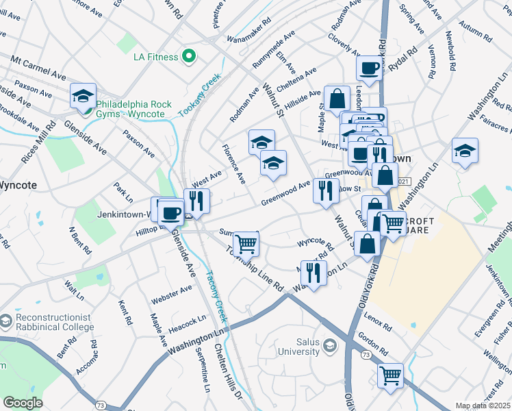 map of restaurants, bars, coffee shops, grocery stores, and more near 278 Florence Avenue in Jenkintown