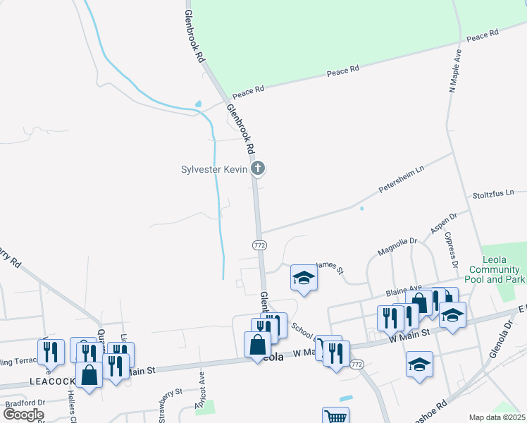 map of restaurants, bars, coffee shops, grocery stores, and more near 65 Glenbrook Road in Leacock-Leola-Bareville