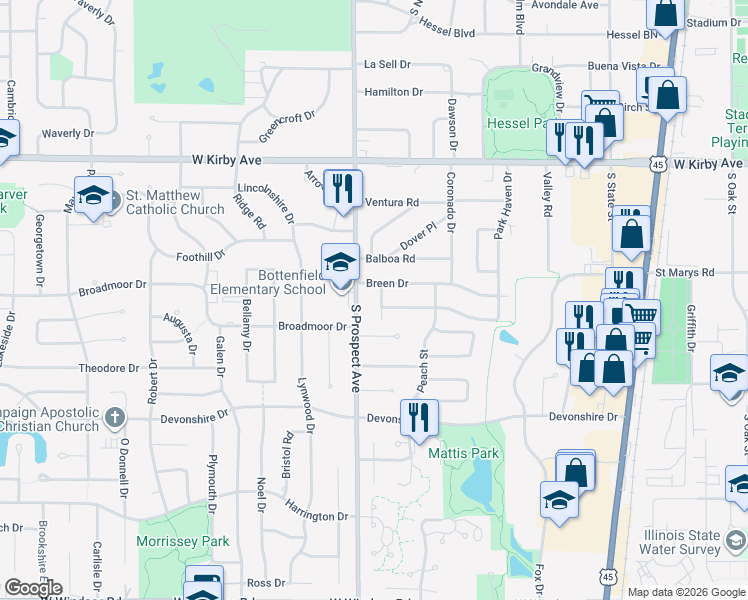 map of restaurants, bars, coffee shops, grocery stores, and more near 1805 Shadowlawn Dr in Champaign