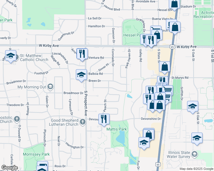 map of restaurants, bars, coffee shops, grocery stores, and more near 1806 Peach Street in Champaign