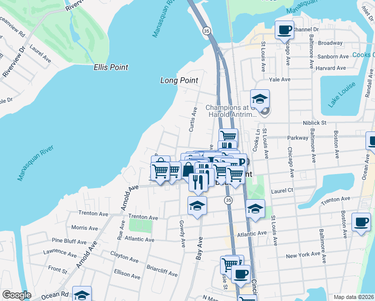 map of restaurants, bars, coffee shops, grocery stores, and more near 718 McLean Avenue in Point Pleasant Beach