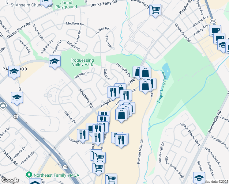 map of restaurants, bars, coffee shops, grocery stores, and more near 3808 Mechanicsville Road in Bensalem