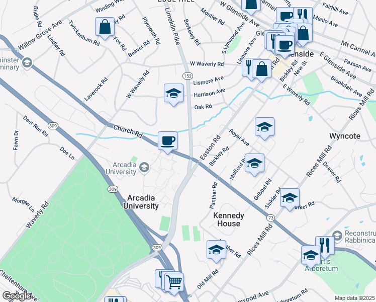map of restaurants, bars, coffee shops, grocery stores, and more near 776 Pennsylvania 152 in Wyncote