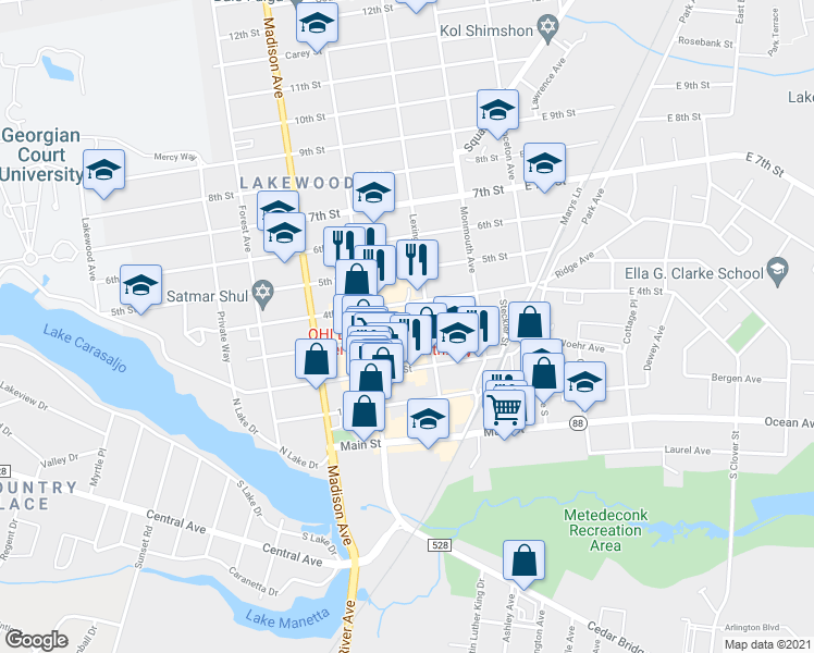 map of restaurants, bars, coffee shops, grocery stores, and more near 231 3rd Street in Lakewood Township