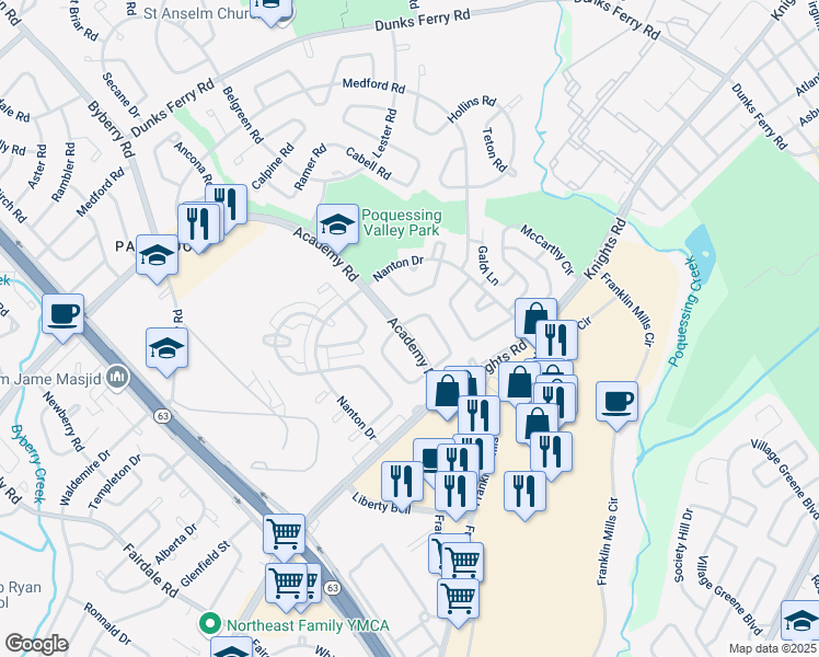 map of restaurants, bars, coffee shops, grocery stores, and more near 3601 Bandon Drive in Philadelphia