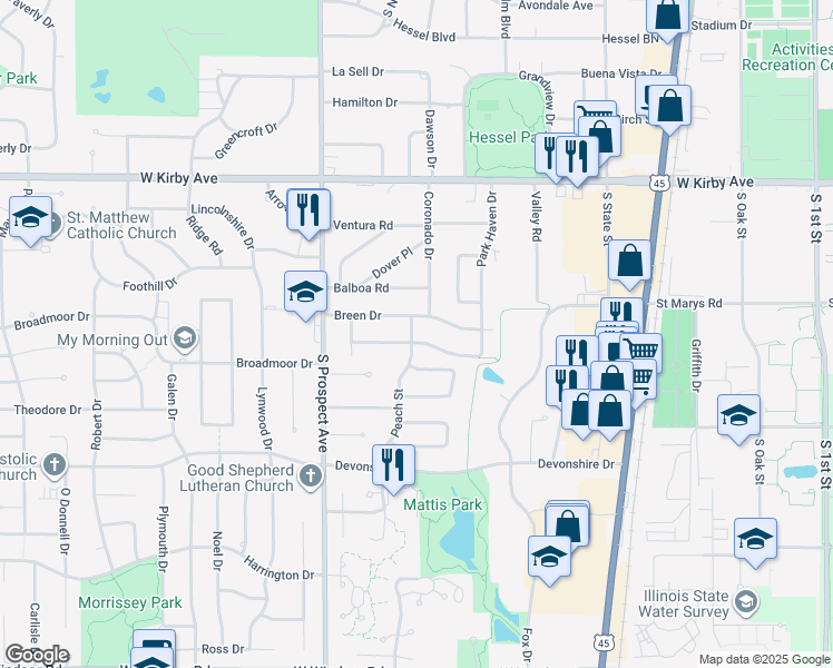 map of restaurants, bars, coffee shops, grocery stores, and more near 1806 Peach Street in Champaign