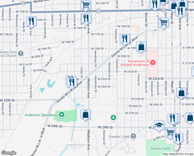 map of restaurants, bars, coffee shops, grocery stores, and more near 2228 Hendricks Street in Anderson