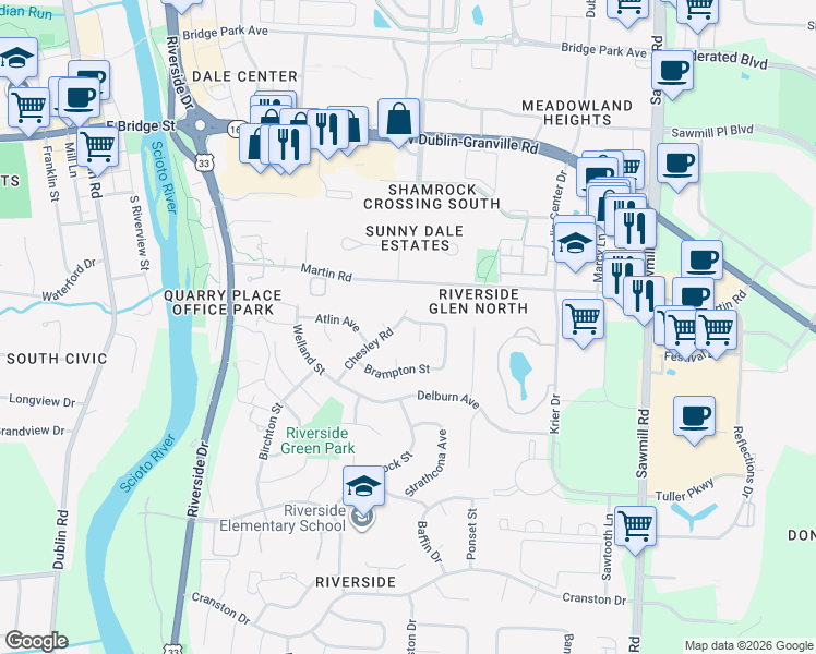 map of restaurants, bars, coffee shops, grocery stores, and more near 6808 Chesley Road in Dublin