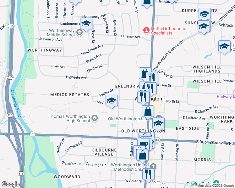 map of restaurants, bars, coffee shops, grocery stores, and more near 921 Evening Street in Worthington