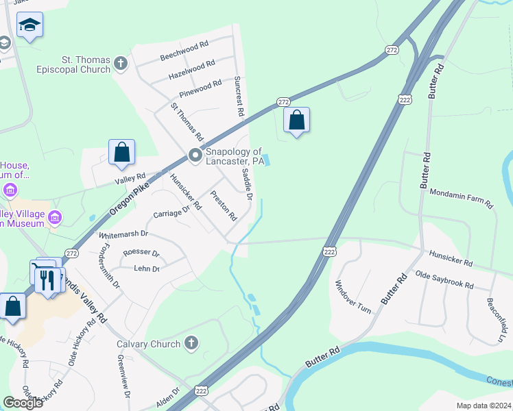 map of restaurants, bars, coffee shops, grocery stores, and more near 2524 Saddle Dr in Lancaster