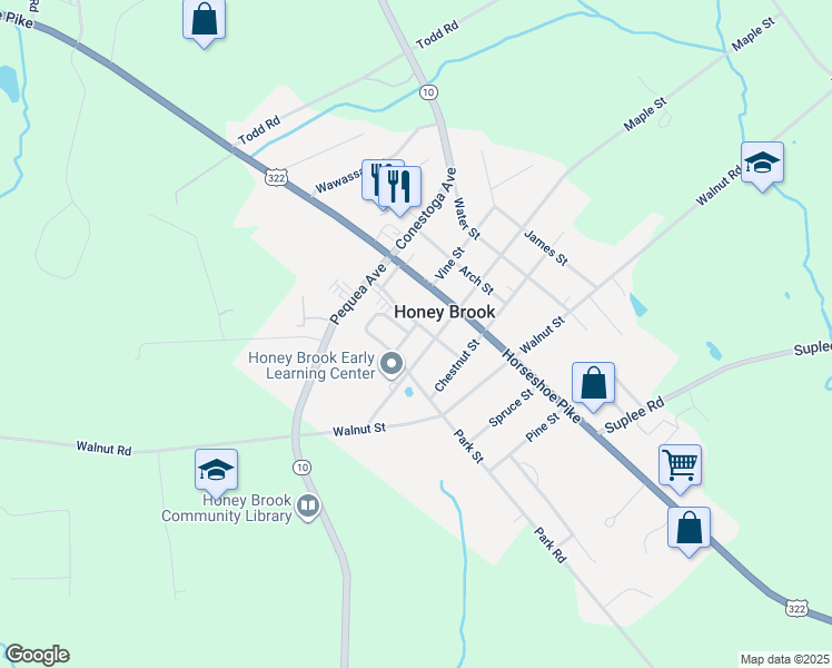 map of restaurants, bars, coffee shops, grocery stores, and more near 4 White Drive in Honey Brook