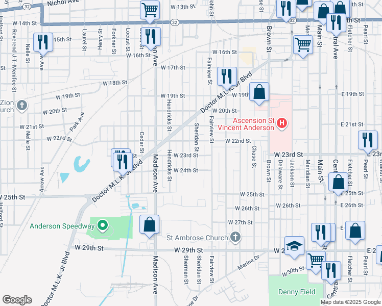 map of restaurants, bars, coffee shops, grocery stores, and more near 706 West 23rd Street in Anderson