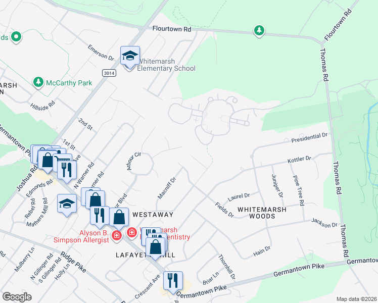 map of restaurants, bars, coffee shops, grocery stores, and more near 601 Bradley Place in Lafayette Hill