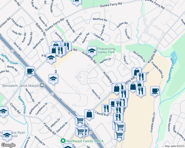 map of restaurants, bars, coffee shops, grocery stores, and more near 12565 Deer Run Place in Philadelphia