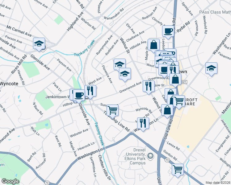 map of restaurants, bars, coffee shops, grocery stores, and more near 206 Greenwood Avenue in Jenkintown