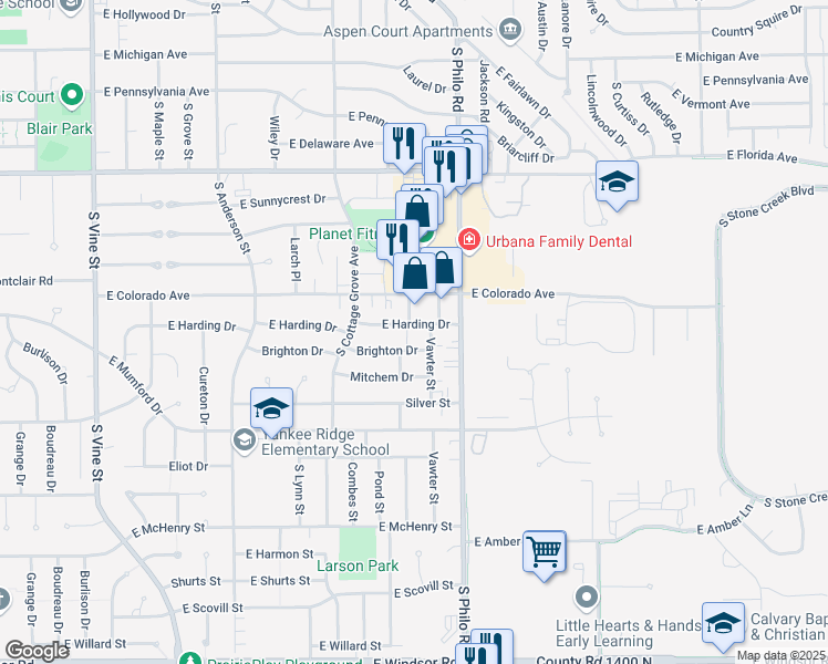 map of restaurants, bars, coffee shops, grocery stores, and more near 1309 East Harding Drive in Urbana