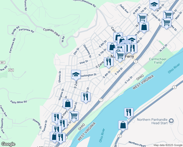 map of restaurants, bars, coffee shops, grocery stores, and more near 512 Washington Street in Martins Ferry