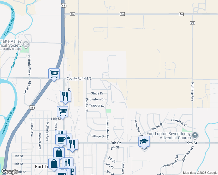 map of restaurants, bars, coffee shops, grocery stores, and more near 1312 Lancaster Avenue in Fort Lupton