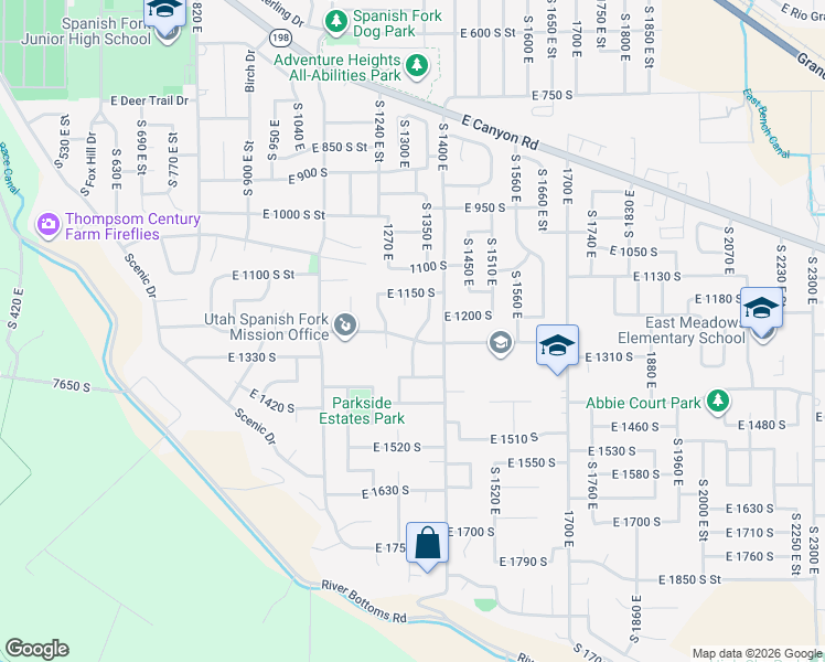 map of restaurants, bars, coffee shops, grocery stores, and more near 1231 South 1340 East in Spanish Fork