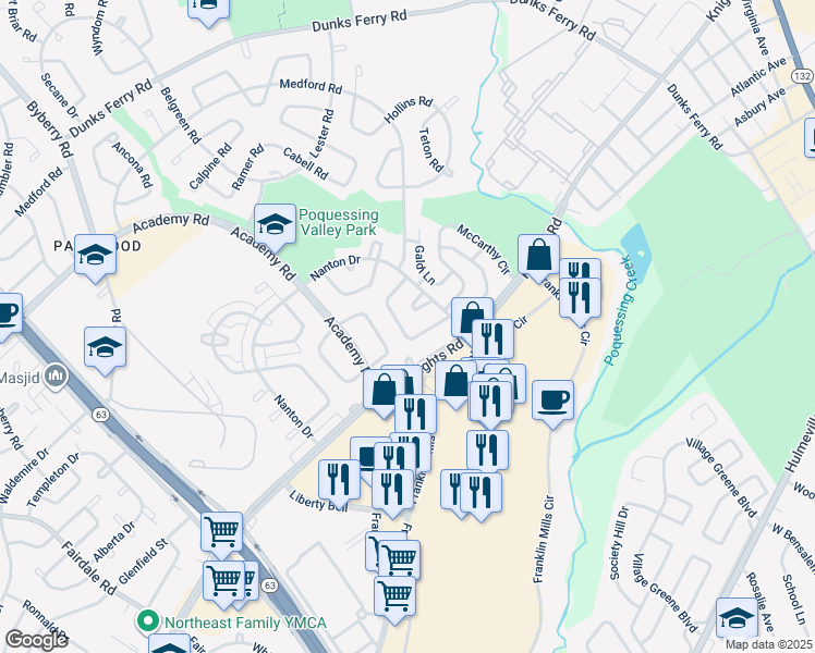 map of restaurants, bars, coffee shops, grocery stores, and more near 3749 Westhampton Drive in Philadelphia