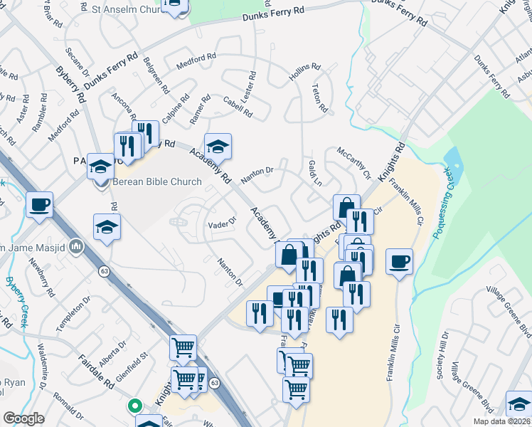 map of restaurants, bars, coffee shops, grocery stores, and more near 3601 Bandon Drive in Philadelphia
