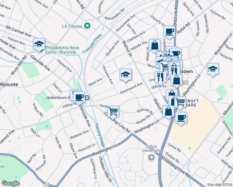 map of restaurants, bars, coffee shops, grocery stores, and more near 309 Florence Avenue in Jenkintown