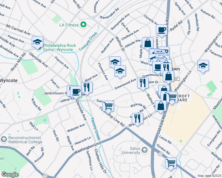 map of restaurants, bars, coffee shops, grocery stores, and more near 309 Florence Avenue in Jenkintown