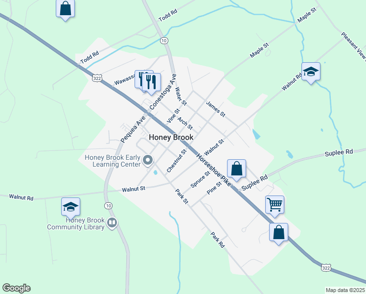 map of restaurants, bars, coffee shops, grocery stores, and more near 4440 U.S. 322 in Honey Brook