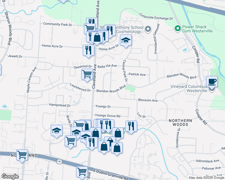 map of restaurants, bars, coffee shops, grocery stores, and more near 2644 Blossom Avenue in Columbus
