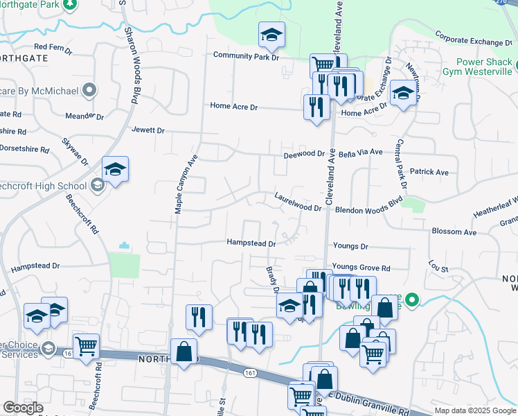 map of restaurants, bars, coffee shops, grocery stores, and more near 6072 Hampstead Drive in Columbus