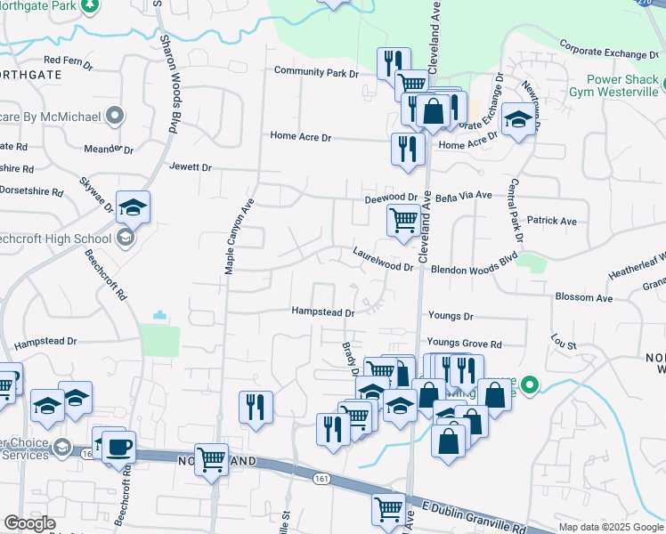map of restaurants, bars, coffee shops, grocery stores, and more near 6072 Hampstead Drive in Columbus