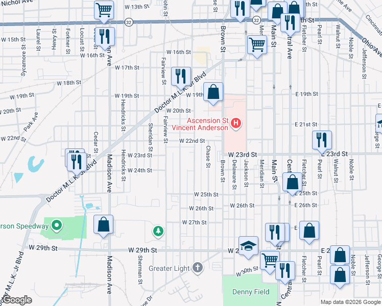 map of restaurants, bars, coffee shops, grocery stores, and more near 2232 Lincoln Street in Anderson