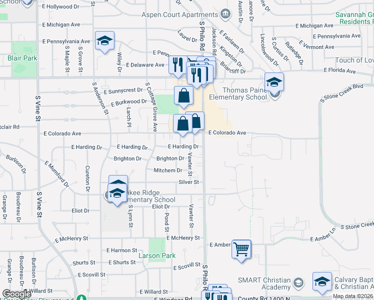 map of restaurants, bars, coffee shops, grocery stores, and more near 1309 East Harding Drive in Urbana