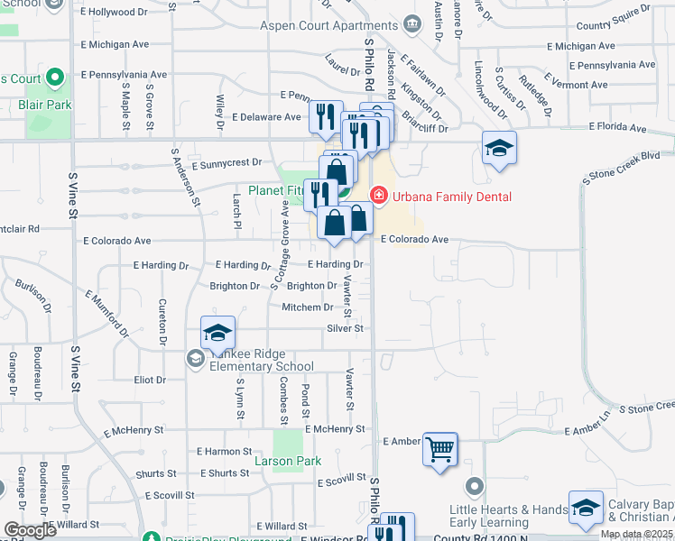 map of restaurants, bars, coffee shops, grocery stores, and more near 1309 East Harding Drive in Urbana