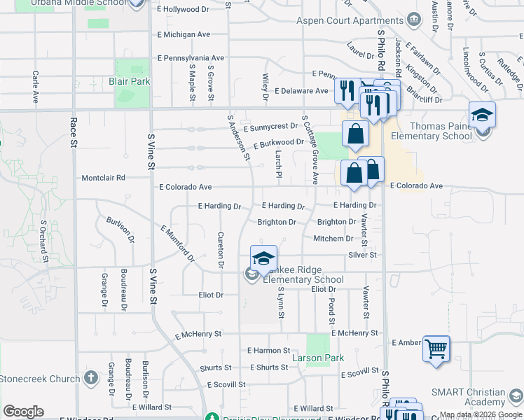 map of restaurants, bars, coffee shops, grocery stores, and more near 2002 South Anderson Street in Urbana