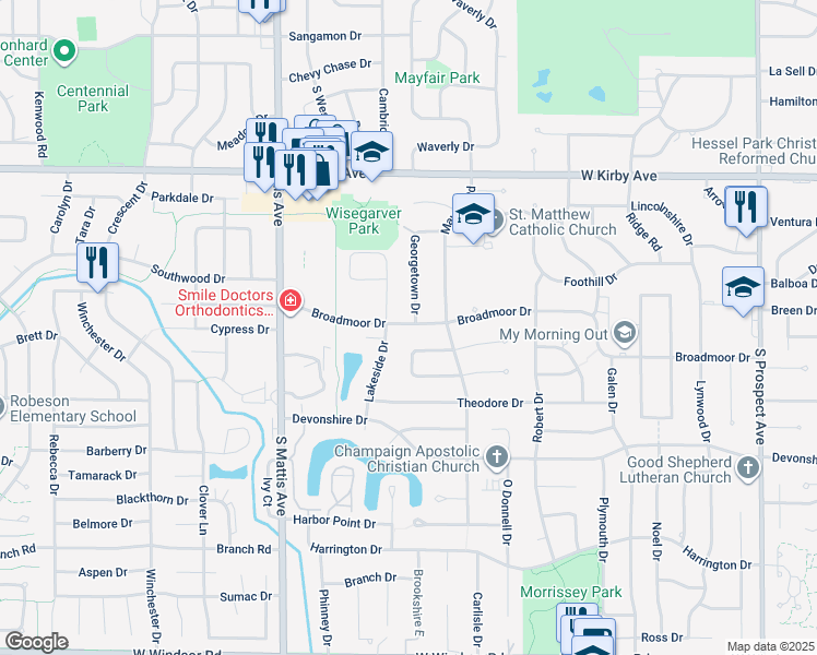 map of restaurants, bars, coffee shops, grocery stores, and more near 1505 Broadmoor Drive in Champaign