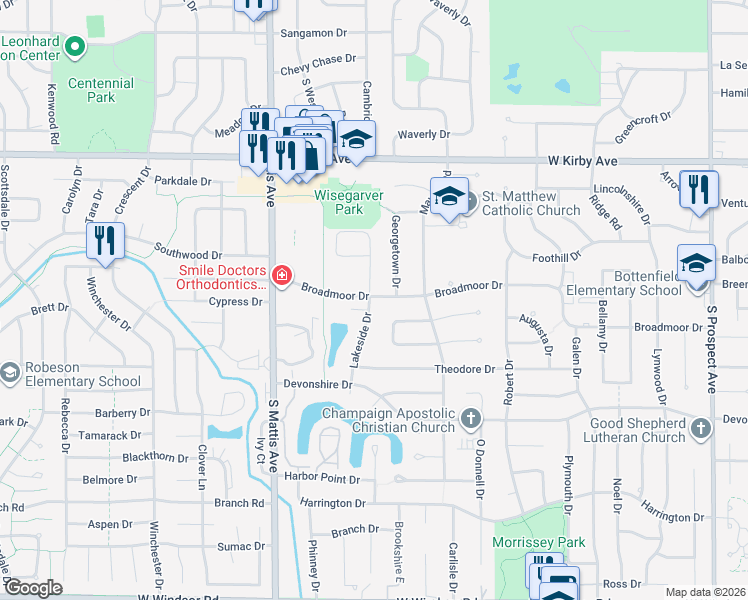 map of restaurants, bars, coffee shops, grocery stores, and more near 1505 Broadmoor Drive in Champaign