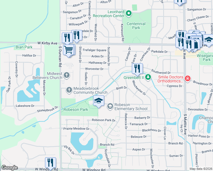 map of restaurants, bars, coffee shops, grocery stores, and more near 2511 Southwood Drive in Champaign