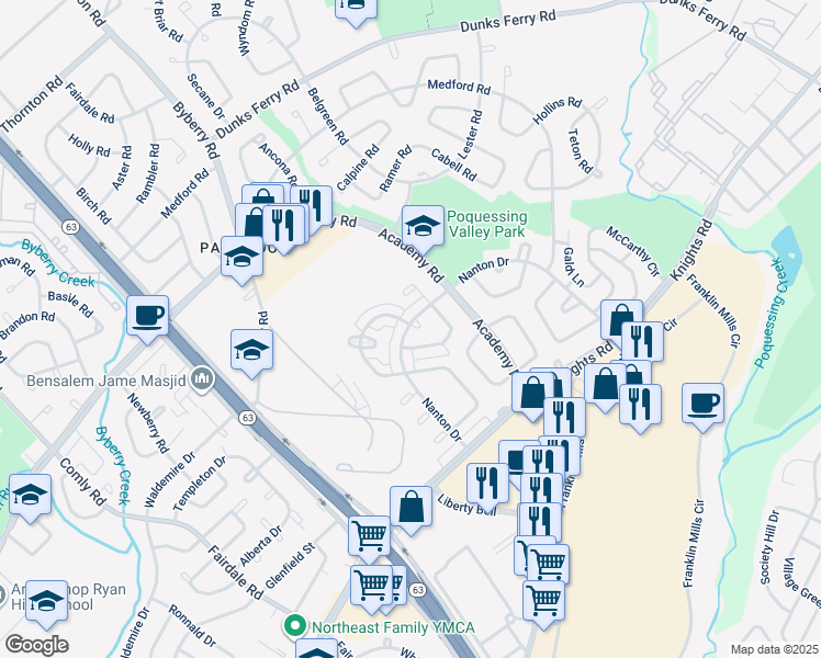 map of restaurants, bars, coffee shops, grocery stores, and more near 12565 Deer Run Place in Philadelphia